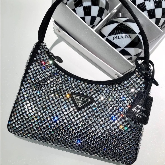 Prada Re-Edition 2000 Black Satin Silver Crystal Nylon Shoulder Small Hobo Bag - Picture 1 of 9